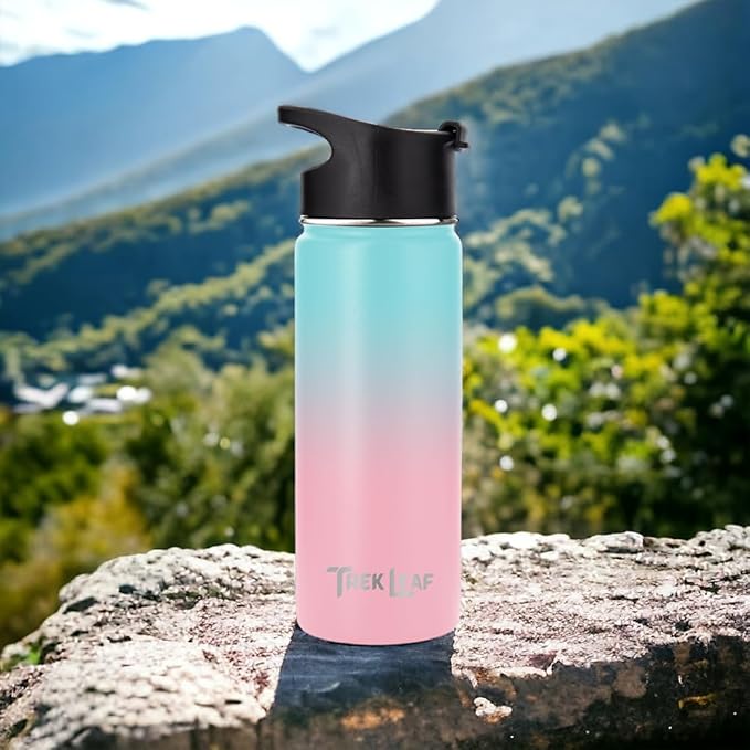 Travel Water Bottle with 3 Lids (Spout, Straw, Flip) Leak Proof, Quality, Vacuum Insulated, Stainless Steel (Hydrangea, 18 oz)