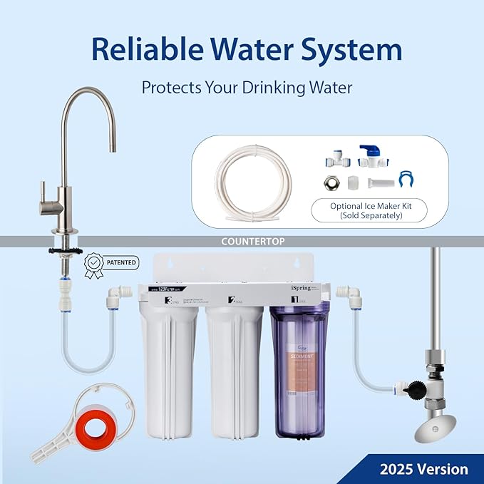 iSpring US31 Classic 3-Stage Under Sink Water Filtration System for Drinking, Tankless, High Capacity, Sediment + GAC + Carbon