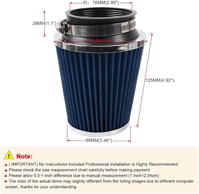 Clamp-On Cold Air Intake Filter, High Performance, Washable Filter, Replacement Air Filter, Flange Diameter 3inch/76mm Blue