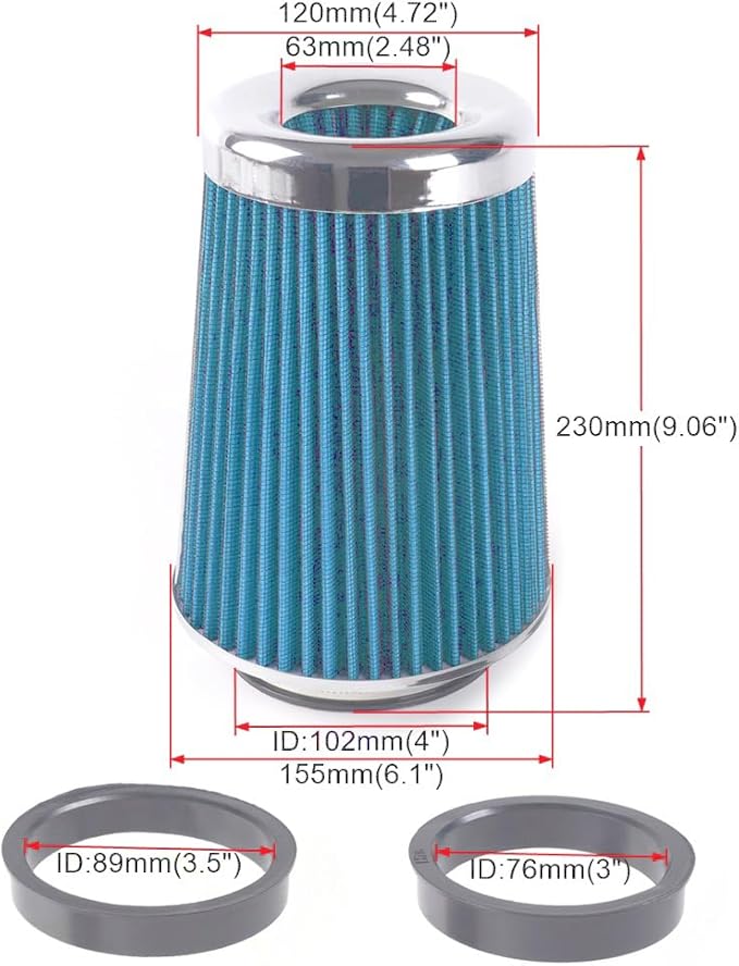 4-Inch Cold Air Intake Filter - Washable, High Performance, 3" or 3-1/2" or 4" Clamp-On Replacement Air Filter Blue (8" Tall)