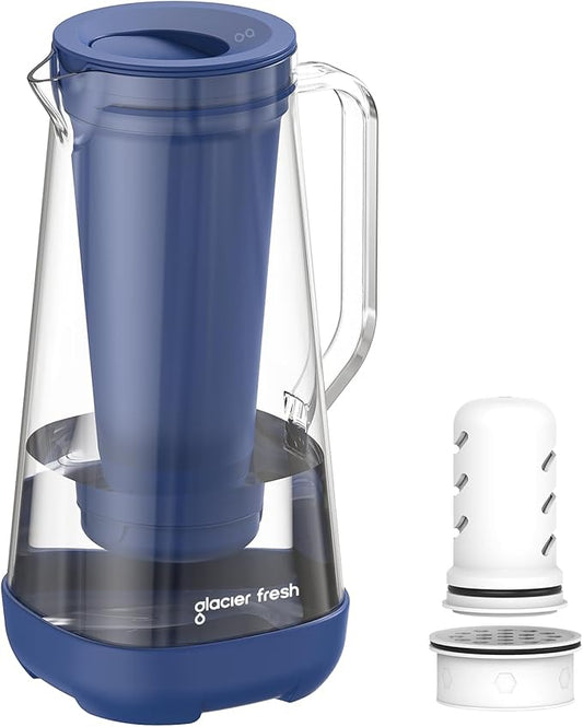 GLACIER FRESH 7 Cup Purela Glass Water Pitcher with 1 Ultrafiltration Membrane and Activated Carbon Filter, Reduces 99% Chlorine, PFOA&PFOS, Coliforms, BPA Free Materials, Blue