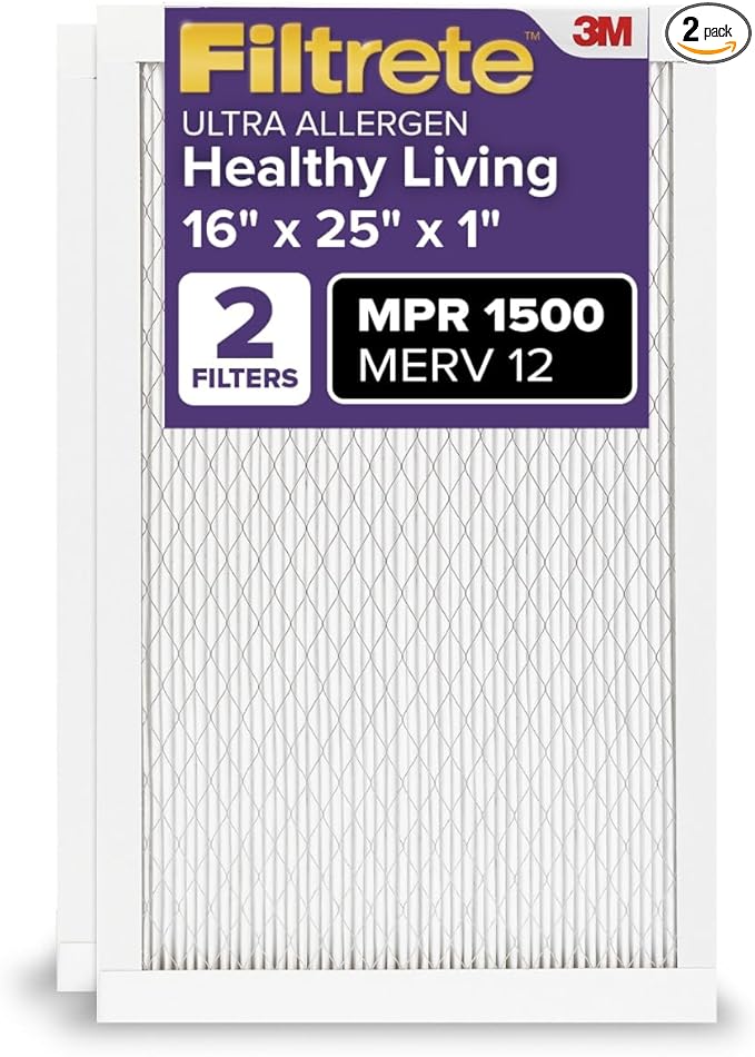Filtrete 16x25x1 AC Furnace Air Filter, MERV 12, MPR 1500, CERTIFIED asthma & allergy friendly, 3 Month Pleated 1-Inch Electrostatic Air Cleaning Filter, 2-Pack (Actual Size 15.69 x 24.69 x 0.78 in)
