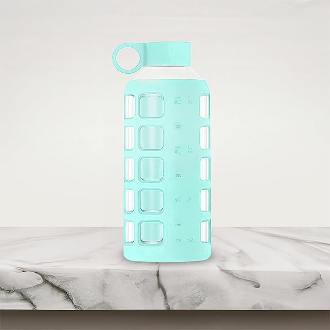 purifyou 40oz / 32oz / 22oz / 12oz Borosilicate Glass Water Bottle with Time & Volume Markers, Silicone Sleeve, Stainless Steel Lid | Reusable Glass Bottle for Water & Juice (22oz Glow-in-the-Dark)