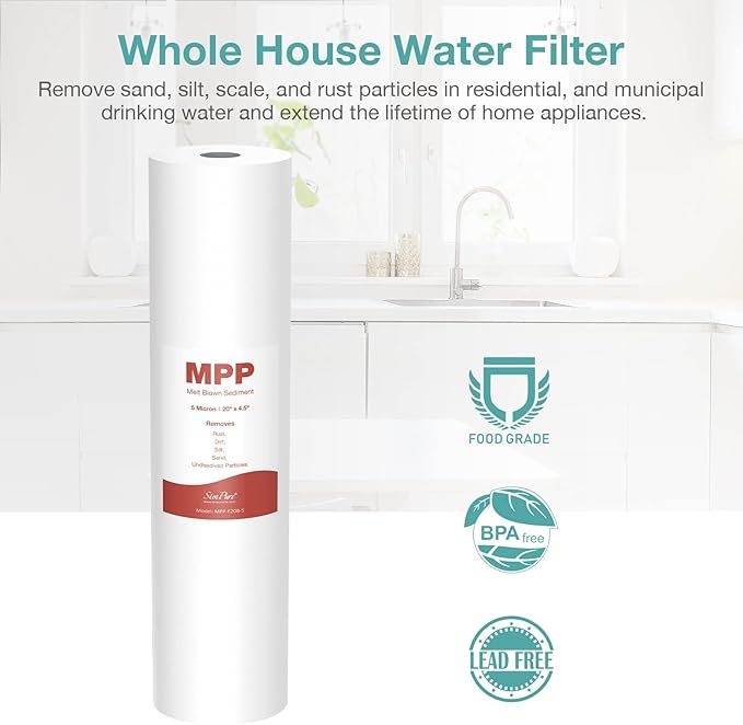 5 Micron 20 Inch Big Whole House Sediment Water Filter, 20" x 4.5" Water Filter Cartridge Replacement for SimPure DB20 Blue Housing, WGB22B, WGB32B, AP802, BB20B, BB20T, 4-Pack