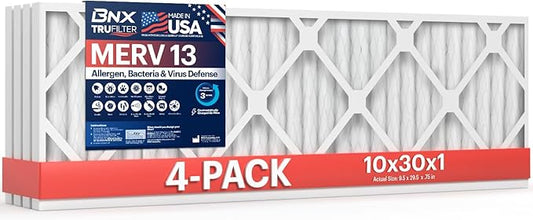BNX TruFilter 10x30x1 Air Filter MERV 13 (4-Pack) - MADE IN USA - Electrostatic Pleated Air Conditioner HVAC AC Furnace Filters for Allergies, Pollen, Mold, Bacteria, Smoke, Allergen, MPR 1900 FPR 10