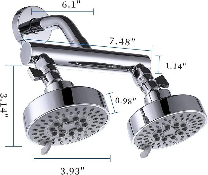 AZOS Double Shower Head with Shut-Off Valve, Bathathroom High Pressure Dual Fixed Rain Shower Head Combo with Brass Dual Outlet Manifold, Adjustable 5 Function Showerhead Chrome