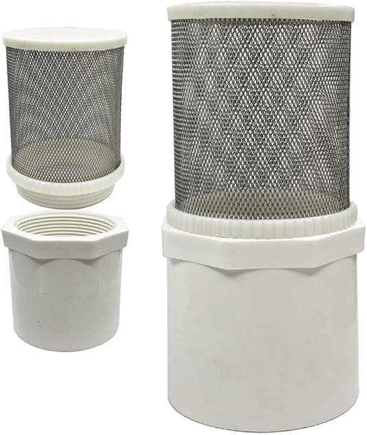 1.2 inch stainless steel filter cover connected to 1.2 inch/DN32 PVC water pipe, Suction Strainers 360 degree mesh rapid filtration used to remove debris and reduce solid entry
