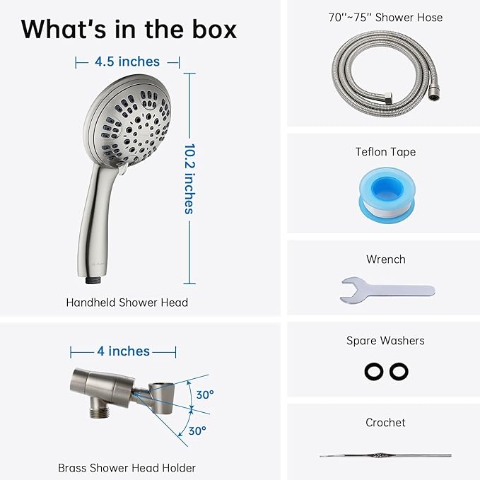 G-Promise High Pressure Shower Head 6 Spray Setting with Adjustable Solid Brass Shower Arm Mount and Extra Long Flexible Stainless Steel Hose (Brushed Nickel)