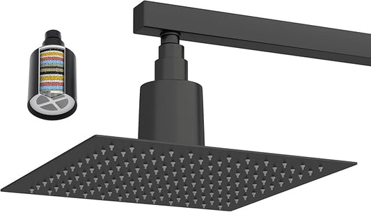 Dcolora Filtered Rain Shower Head – 10 Inch Matte Black 304 Stainless Steel with 16-Stage Water Filter, Nano Titanium Coating, Improves Skin & Hair – Filter Cartridge Included (Black, 8 Inch)