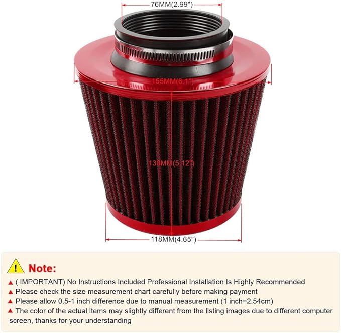 muge racing 3-inch Cold Air Intake Filter 76mm, High Performance Clamp-On Engine Intake Air Filter, Washable Reusable & Universal Round Tapered Replacement Air Filter, Red