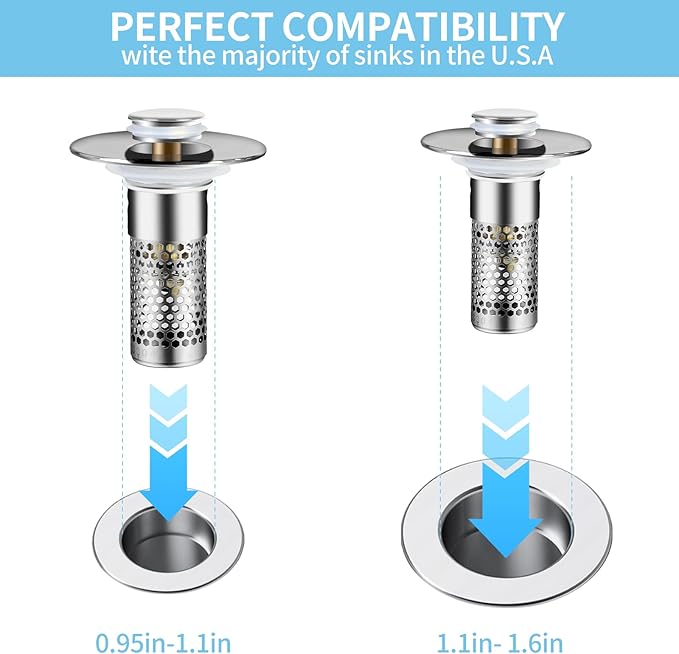 2 Pcs Universal 2-in-1 Sink Stop&Drain Strainer-Upgraded Pop-Up Design Sink Drain Plug Strainer with Stainless Steel Anti-Pooling Basket and Cleaning Brush for U.S. 1.1-1.6 Inch Drain Holes