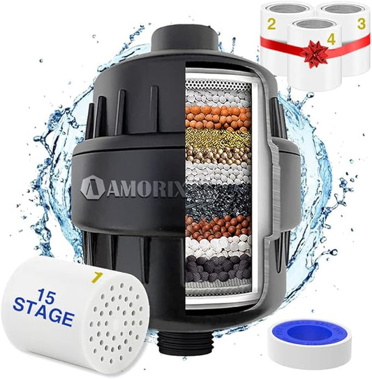 15 Stage Shower Head Filter for Hard Water - Black, High Output, Reduces Chlorine, Dry Skin & Itchy Scalp - Includes 4 Replaceable Filter Cartridges