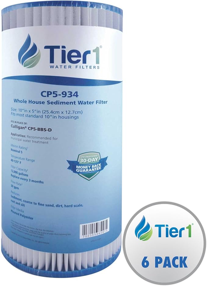 Tier1 5 Micron 10 Inch x 4.5 Inch | 6-Pack Pleated Polyester Whole House Sediment Water Filter Replacement Cartridge | Compatible with Culligan CP5-BBS-D, Pentek CP5-BB, W5CPHD, Home Water Filter