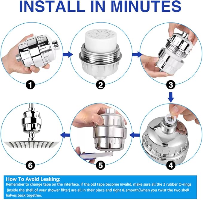 Chrome 15 Stage Shower Head Filter for Hard Water - High Output, Reduces Chlorine, Dry Skin & Itchy Scalp - Includes 4 Replaceable Filter Cartridges