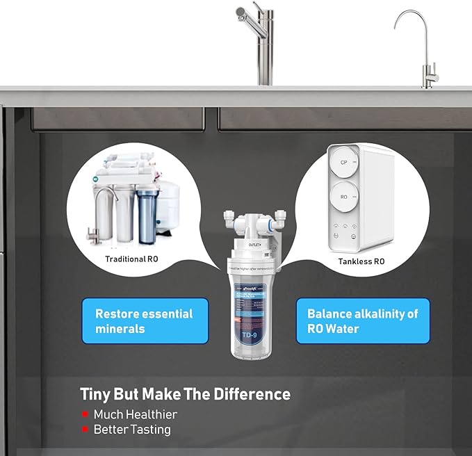 Frizzlife TD-9 Alkaline Remineralization Under Sink Inline Water Filter - Quick Twist Post Filter for RO Reverse Osmosis System, Reduce Chlorine, Adjust Taste & PH, Restore Essential Minerals