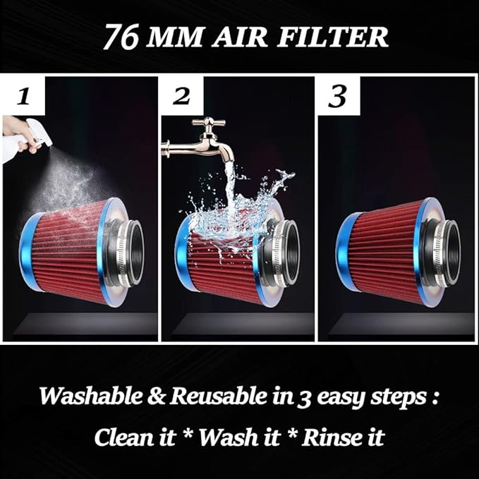 Cold Air Intake Filter, High Performance, Washable Filter, Clamp-On Replacement Air Filter, Flange Diameter 3inch/76mm Red