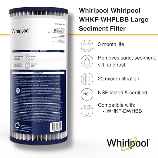 Whirlpool WHKF-WHPLBB Whole House Large Capacity Pleated Sediment Filter, NSF Certified 20-30 Micron Reduces Sand, Soil, Silt & Rust, Fits 4.5" Diameter Standard Home Water Filter Housings