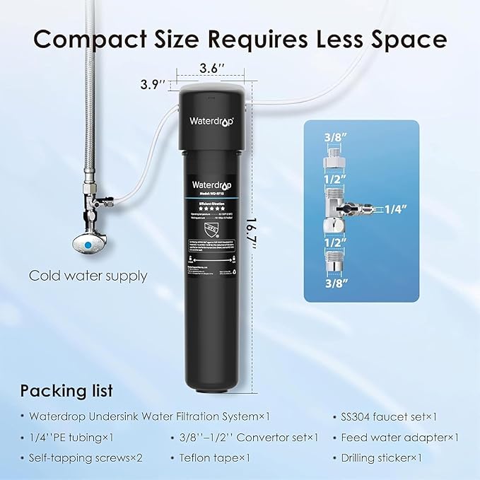 Waterdrop 15UB Under Sink Water Filter, Under Sink Water Filtration System for 2 Years, NSF/ANSI 42 Certified, Reduces PFAS, PFOA/PFOS, Lead, Under Sink Water Filter with Faucet, 19K Gallons