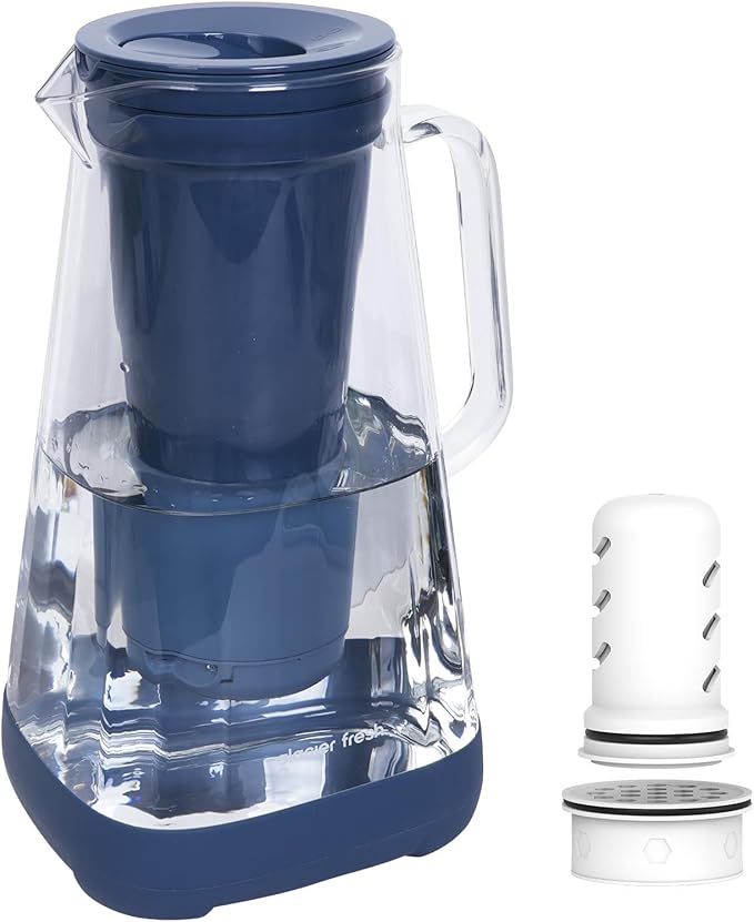 GLACIER FRESH 10 Cup Glass Water Pitcher with 1.6X Flow Rate Upgraded Ultrafiltration Membrane and Activated Carbon Filter, Reduces 99% Chlorine, PFOA&PFOS, Coliforms, Blue