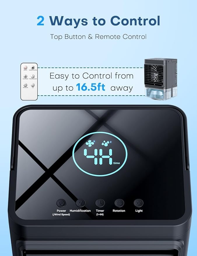 Small Air Conditioner w/ 3 Speeds&3 Modes, Remote, 1100ML Tank Humidifier, 8-Cube Ice Tray, 120° Oscillating, 4 IN 1 Portable Air Conditioners, 7-Color Light, 4H Timer Desk AC Unit for Bedroom