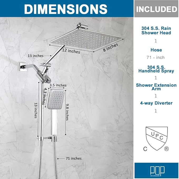 POP SANITARYWARE All Metal Shower Head with Handheld Chrome High Pressure 12 Inch Showerhead Combo, 71 Inch / 6 ft Hose, Press Button 4-Way Diverter, Adjustable Extension Arm