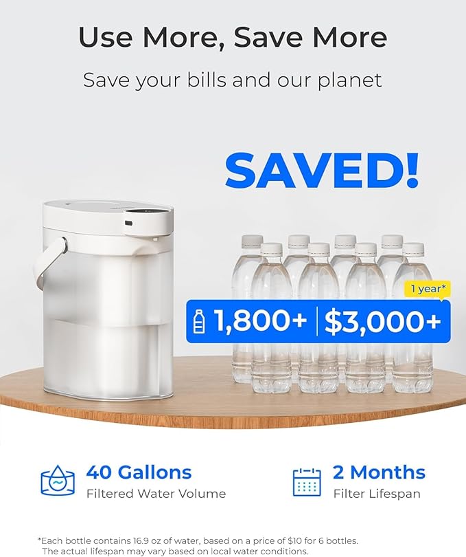 Waterdrop TDS Reduction Rechargeable Water Filter Dispenser, Retain Key Minerals, Instantly Improve Flavor, 15-Cup 5-Stage Portable Countertop Water Filtration System with 1 Filter, White