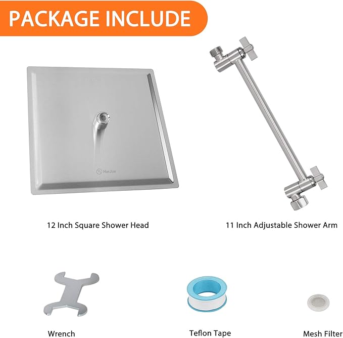 HarJue High Pressure Large Stainless Steel Square Rain ShowerHead With Shower Arm Waterfall Full Body Coverage Easy to Clean and Install (12 Inch With Arm, Brushed Nickel)