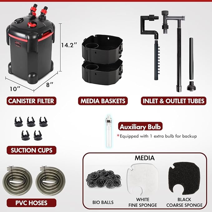 225GPH Canister Filter, External Aquarium Filter Ultra-Quiet Water Circulation Cleaning Machine with Media for Fish Tanks and Aquariums Up to 55 Gallons (225GPH)