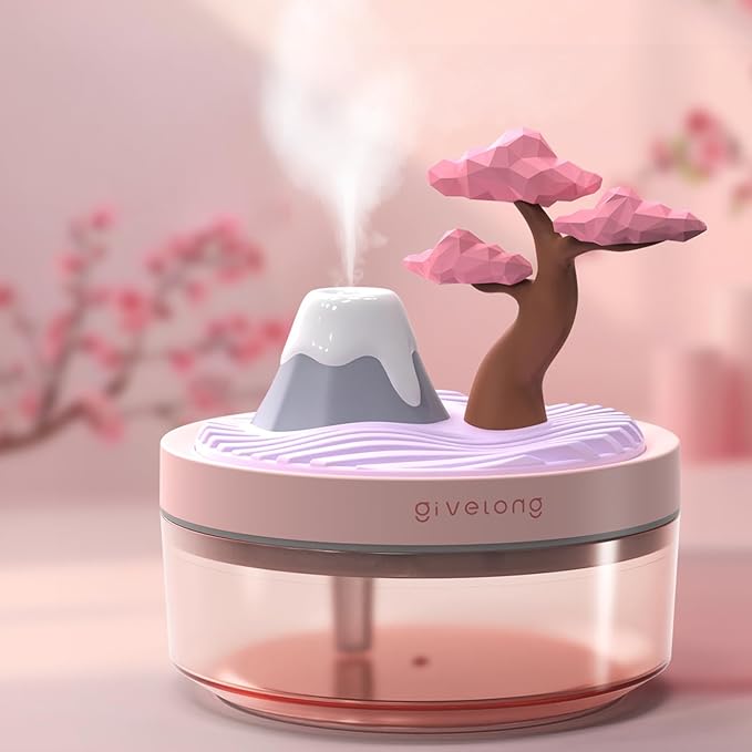 Cute Mini Humidifier, 320ml Pink Cherry Tree Desktop Humidifiers for Bedroom, Portable Small Cool Mist Humidification for Home, Baby Nursery, Office & Indoor Plants, USB Powered