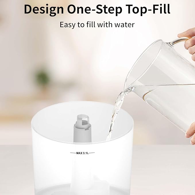 Humidifiers for Bedroom, Cool Mist Top Fill Diffuser with 25Watt for Home Large Room, 360° Nozzle, Rapid Ultrasonic Humidification for Baby Nursery and Plant(3.1L)