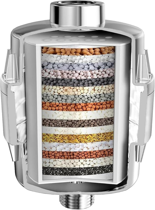 20 Stage Shower Filter for Hard Water, Remove Chlorine Heavy Metals and other Impurities, Improve Skin Hair, Fit Most Handheld Showerhead Fixed Rainfall (Chrome Polished)