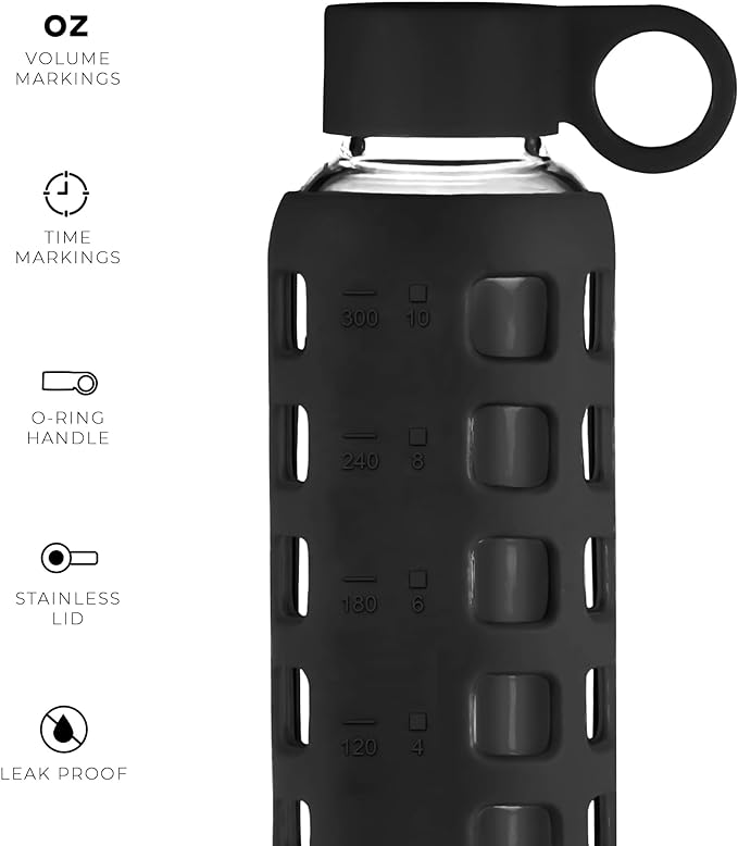 purifyou 40oz / 32oz / 22oz / 12oz Borosilicate Glass Water Bottle with Time & Volume Markers, Silicone Sleeve, Stainless Steel Lid | Reusable Glass Bottle for Water & Juice (12oz Jet Black)