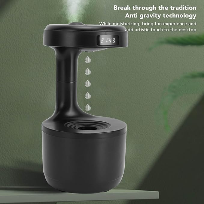 Anti Humidifier, 800ml Hovering Water Drop Backflow Creative Humidifier Quiet USB Powered Mist Humidifier with Night Light and LED Clock Display for Home Office