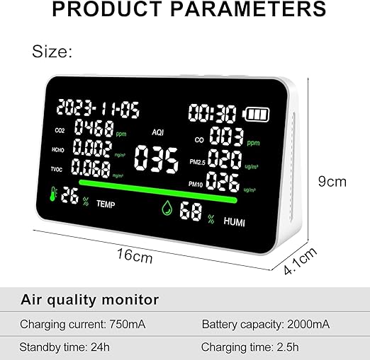 11-in-1 Air Quality Monitor, Indoor CO2/VOC/AQI/PM2.5/Thermometer/Humidity Monitor, Portable Smart Air Quality Meters, Air Quality Tester for Home Office Outdoor, Battery Powered (White)