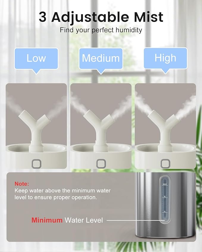 Feekaa Stainless Steel Humidifier Dishwasher Safe, 4L/1Gal Cool Mist Humidifiers for Bedroom, Easy Clean Humidifier Large Room, Humidifiers for Baby Nursery Living Room Office Plant, White