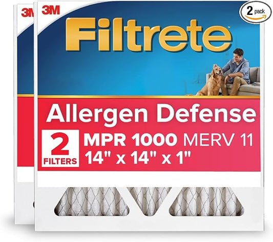 Filtrete 14x14x1 AC Furnace Air Filter, MERV 11, MPR 1000, Micro Allergen Defense, 3-Month Pleated 1-Inch Electrostatic Air Cleaning Filter, 2 Pack (Actual Size 13.81 x 13.81 x 0.81 in)