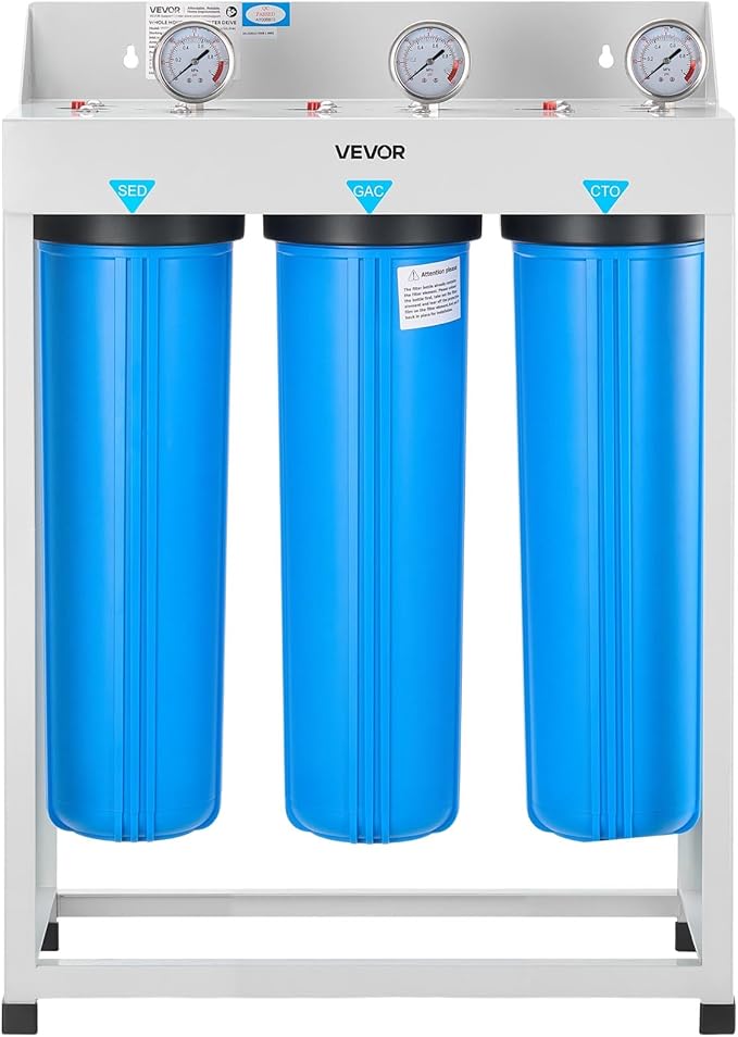 VEVOR Whole House Water Filter System, 3-Stage | Sediment, GAC, CTO | 20 x 4.5 Granular Activated Carbon Home Water Purifier Filter, Reduce Chlorine, Chemicals, VOCs, Bad Taste, Odor, Rust