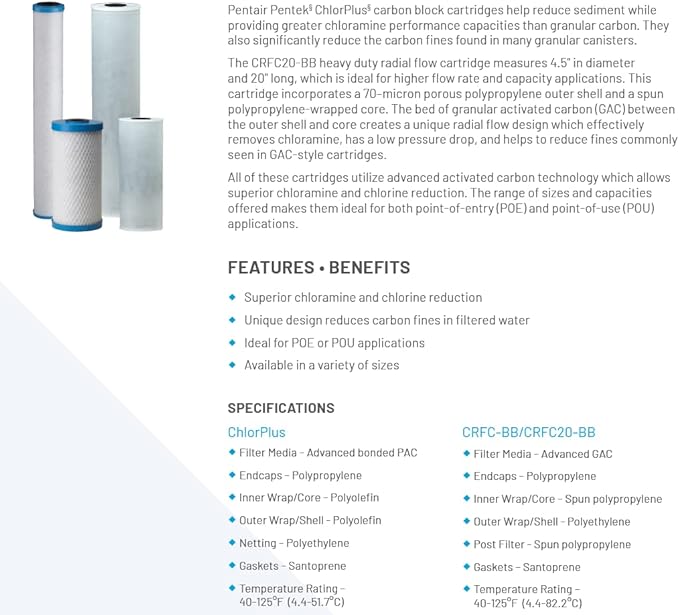Pentair Pentek ChlorPlus10BB Big Blue Carbon Water Filter, 10-Inch, Whole House Chloramine Reduction Carbon Replacement Cartridge, 10" x 4.5", 1 Micron