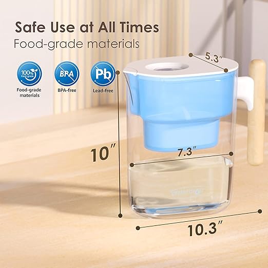 Waterdrop 200-Gallon Long-Life Chubby 10-Cup Water Filter Pitcher with 4 Filters, NSF Certified, 5X Times Lifetime, Reduces PFAS, PFOA/PFOS, Chlorine, BPA Free, Blue