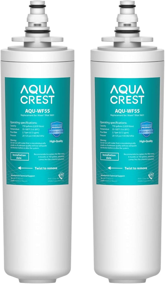 AQUACREST 9601 Water Filter, Model No.AQU-WF55. Replacement for Moen 9601 ChoiceFlo 9600, 9602, 9500, 9501, 9502, Fits F87400, F7400, F87200, 77200, CAF87254, S5500 Series of Moen Faucets (Pack of 2)
