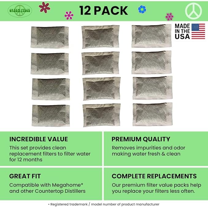 Green Piece® Distiller Filters (Made in USA) - Activated Charcoal - Odor Absorbing. Works Great for Megahome and other Countertop Distillers (12 Pack)