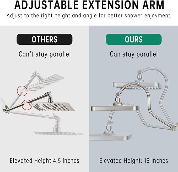 13 Inch Rainfall Shower Head with Multi-Function Handheld Sprayer Combo, 3-Way Metal Extended Diverter with Holder and Metal Adjustable Curved Shower Extension Arm, Extra Long Hose Brushed Nickel