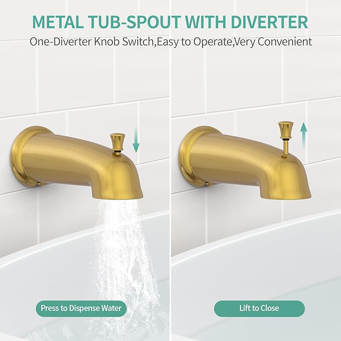 SR SUN RISE 5-Spray Dual Shower Head Cmbo Tub Faucet Set 3-Way Shower Head and Hand Held Shower Tub Faucets Sets Complete Single-Handle Tub and Shower Trim Kit, Brushed Gold (Valve Include）