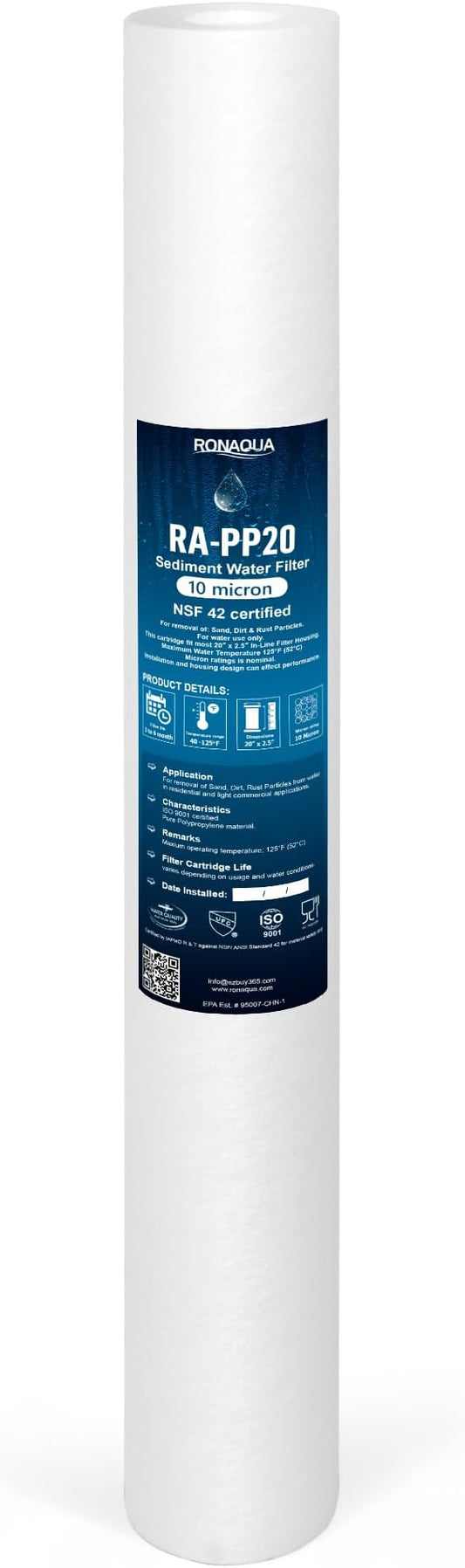 Ronaqua 10 Micron Standard 20" x 2.5" Sediment Water Filter Cartridge, NSF Certified, 4-Layer Filtration for 20” x 2.5” Whole House Systems, Compatible with FPMB5-20, SDC-25-2005/4, VX05-20