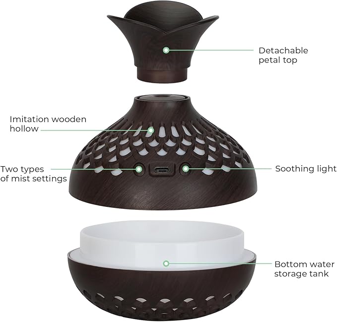 Portable Mini Humidifier, 300ml Small Humidifiers Wooden Vase Flower Aroma Diffuser, Quiet Cool Mist Humidification for Baby Bedroom Travel Office, USB Powered, Colorful Light, Darkwood