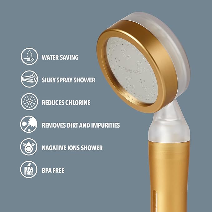 Barumi Pluo Handheld Filtered Shower Head - Gold | Vitamin C Filter for Healthy Skin & Hair | High Pressure Soft Spray | Dual Filtration Removes Chlorine & Impurities | Gentle Shower for Pets