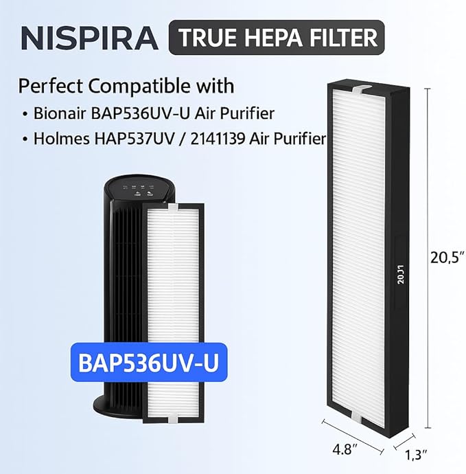 Nispira 182550 Filter Replacement Compatible with Bionaire BAP536UV-U Holmes HAP537UV / 2141139 Air Purifier, 2 Packs