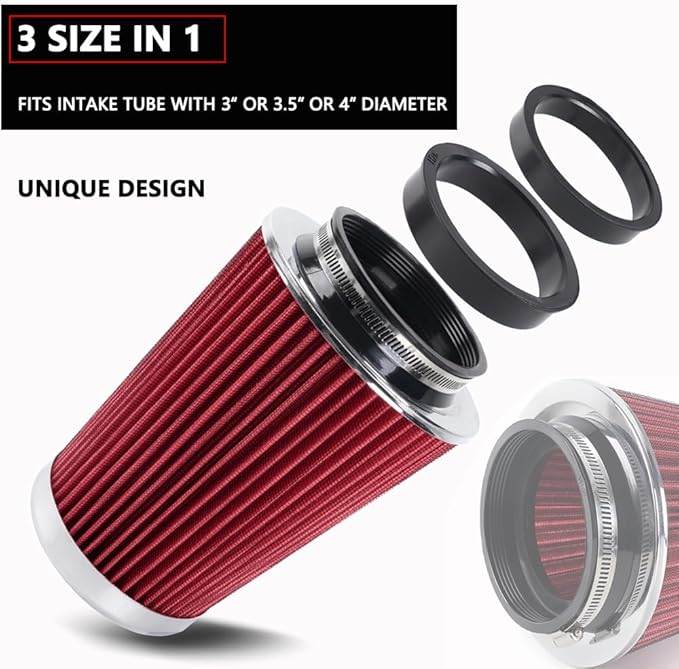 4-Inch Cold Air Intake Filter - Washable, High Performance, 3" or 3-1/2" or 4" Clamp-On Replacement Air Filter Red (8" Tall)