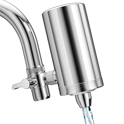 Faucet Water Filter, 1200-Gallons Water Faucet Filtration System, 304 Stainless Steel Tap Water Filter with with Dual 360-degree Swivels, Remove Chlorine, Lead, Odors, Bad Tastes and More