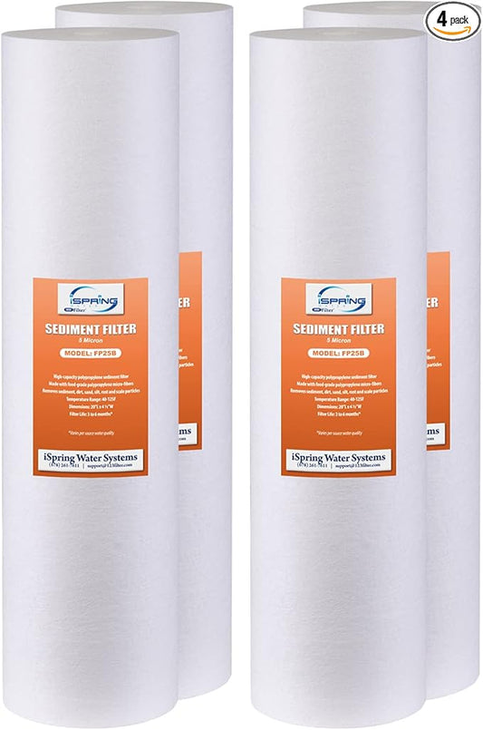 iSpring FP25BX4 High Capacity 20” x 4.5” Water Replacement Cartridge Fine Sediment Filter, 4 pieces / 5 microns, White, 4 Count